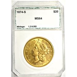 1874-S $20.00 GOLD LIBERTY, PCI CH/GEM BU