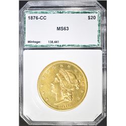 RARE 1876-CC $20 GOLD LIB. OLD PCI HOLDER CH BU+