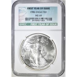 1986 AMERICAN SILVER EAGLE, NGC MS-69