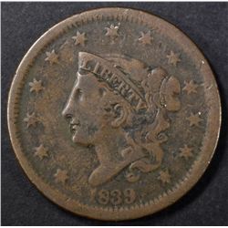 1839 HEAD OF 38 CORONET LARGE CENT, VF