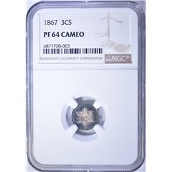 1867 3-CENT SILVER, NGC PF-64 CAMEO!