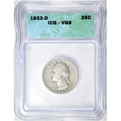 1932-D WASHINGTON QUARTER, ICG VG-8 KEY DATE