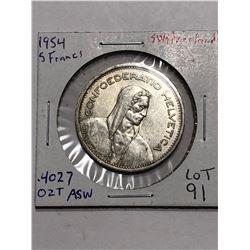 Nice 1954 Silver Switzerland 5 Francs .4027 ASW
