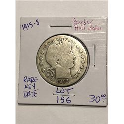 1915 S Key Date Barber Head Silver Half Dollar
