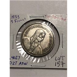 Rare 1933 Swittzerland Silver Large 5 Francs .4027 ASW