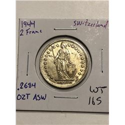 1944 WWII Era Switzerland Silver 2 Francs .2684oz ASW