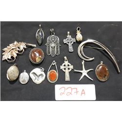 13 STERLING PENDANTS & BROOCHES
