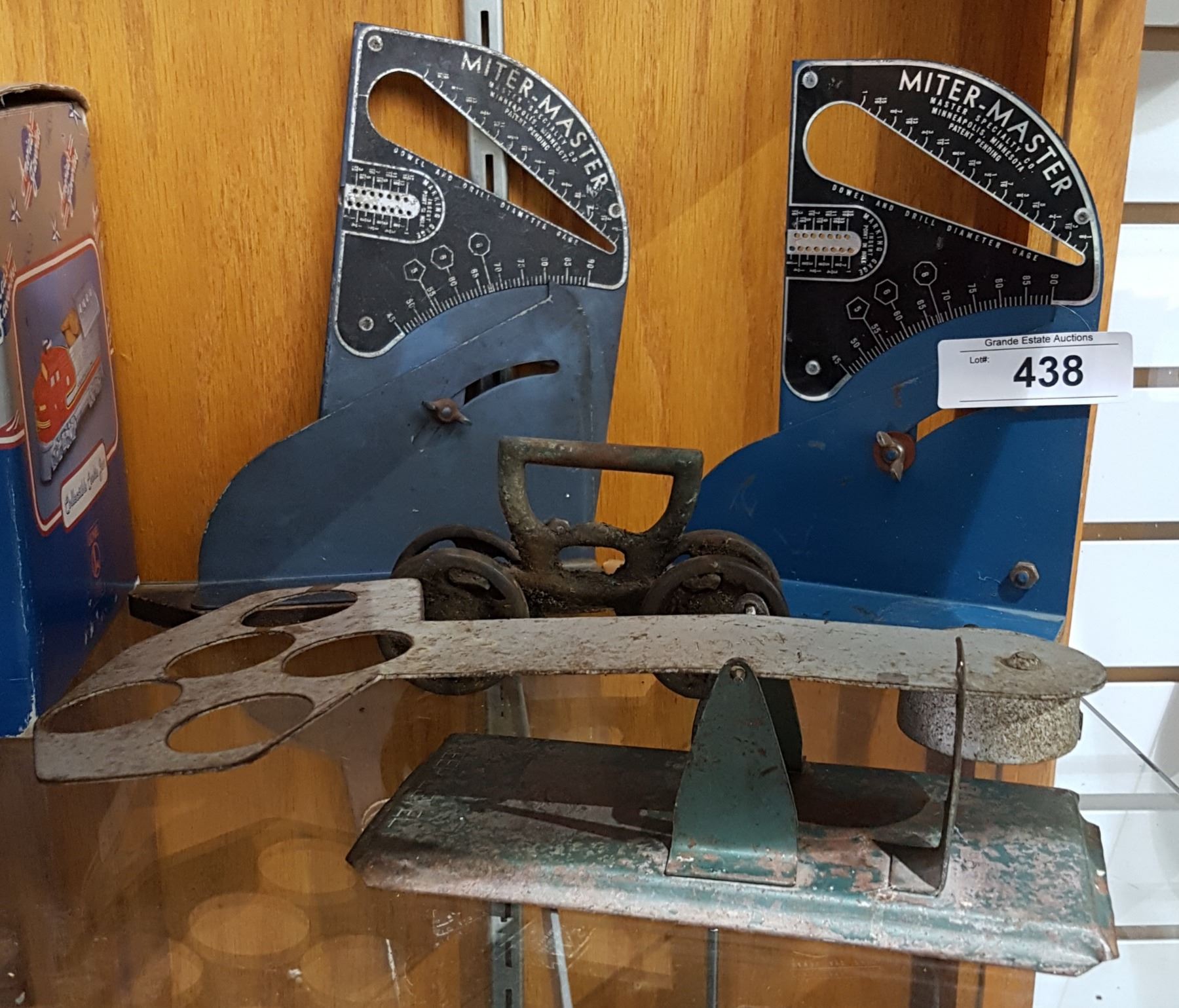 FOUR VINTAGE MITRE MASTER GAUGES, EGG SCALE & DOOR HARDWARE