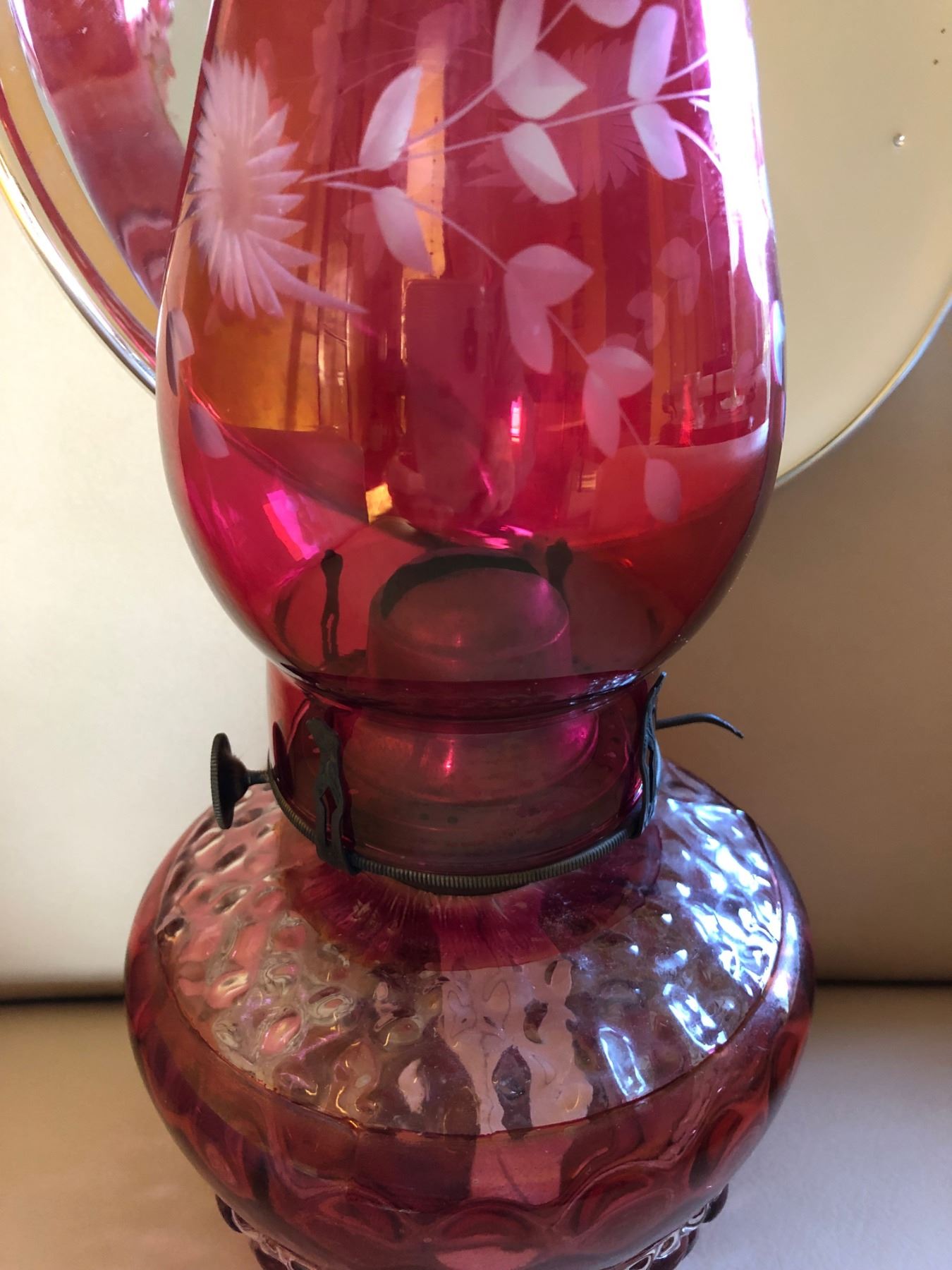 1887 CRANBERRY GLASS OIL LAMP WITH HEAT SHEILD