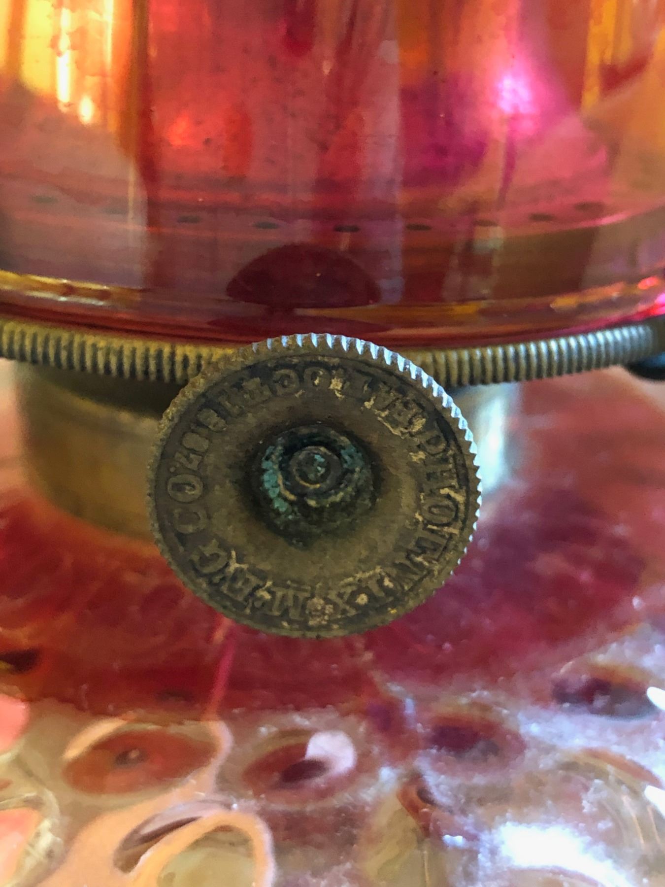 1887 CRANBERRY GLASS OIL LAMP WITH HEAT SHEILD
