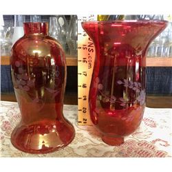 GR OF 2, ETCHED GLASS OIL LAMP CHIMNEYS