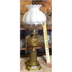 ANTIQUE BRASS AND GLASS OIL LAMP