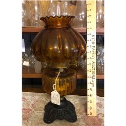 ANTIQUE CAST BASE AMBER GLASS OIL LAMP - P&A MFG CO