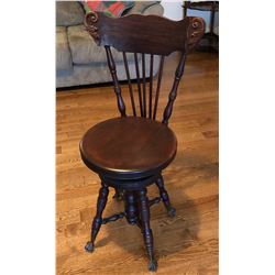 ANTIQUE HIGH BACK PIANO STOOL WITH GLASS BALL CLAW FEET - DARK WALNUT FINISH - ADJUSTABLE HEIGHT