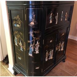 ASIAN BLACK WOOD LIQUOR CABINET WITH IVORY DETAILING