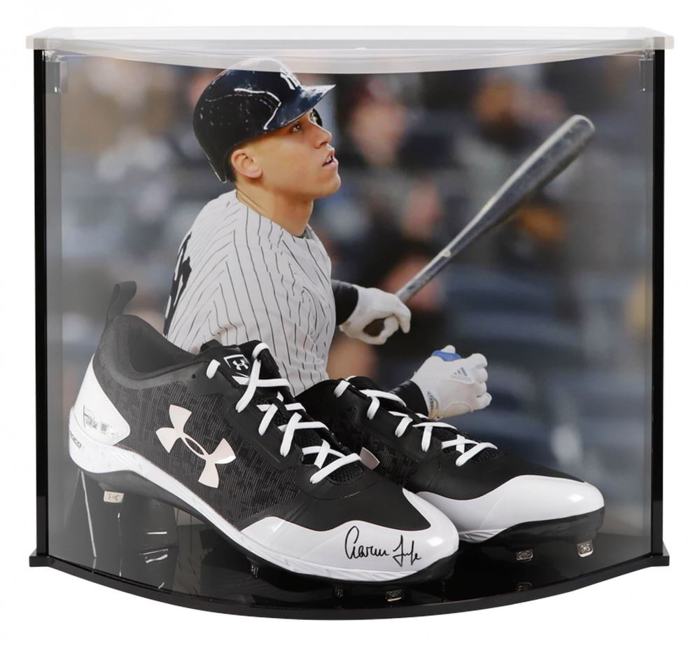 Aaron Judge Signed Under Armor Cleats with Custom Acrylic Curve Display