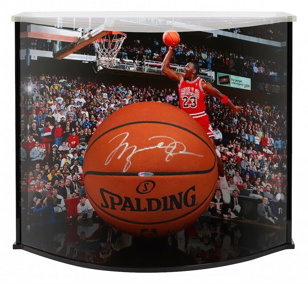 Michael Jordan Signed Spalding Basketball with Curve Display Case (UDA COA)