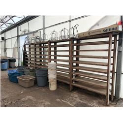 REMAINING CONTENTS OF GREENHOUSE 12 INC. WOOD SHELVES, WORK BENCHES, BUCKETS, TOOLS, BINS AND MORE,