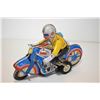 Image 2 : Vintage wind up pressed tin motorcycle with riders and side car, 7" in length, no. 605