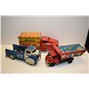 Image 2 : Selection of three vintage pressed tin toys trucks including Banner Toy Truck No.781, Japanese made 