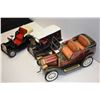 Image 2 : Three pressed tin friction driven toys including 1920's cars and cab 6" in length