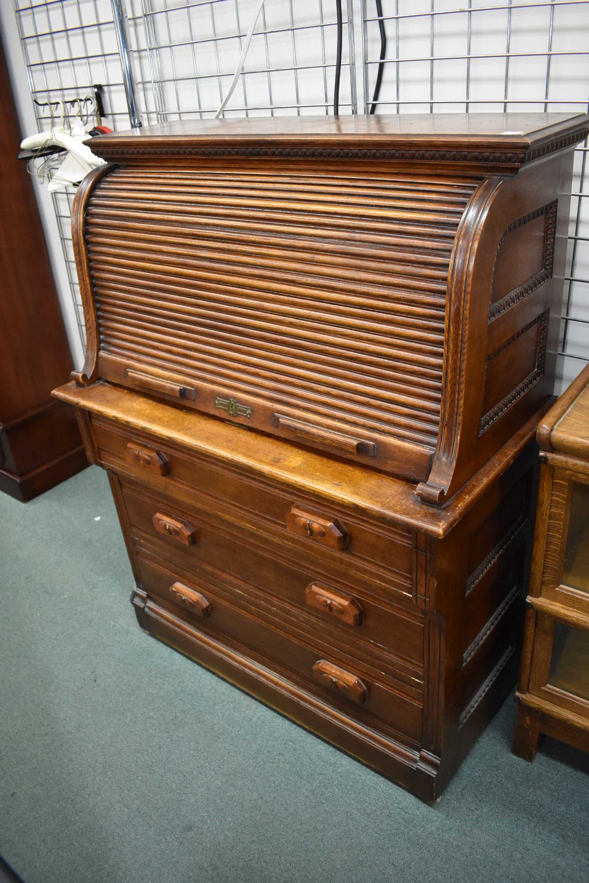 Unusual Antique Roll Top Desk With Fitted Interior Pull Out Writing