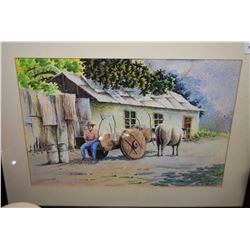 Framed original watercolour painting of an oxen and cart vendor signed Afernandez '84, 10  X 14 