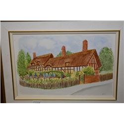 Framed hand painted tile of Anne Hathaway's Cottage signed by arist Betty, 8" X 12"