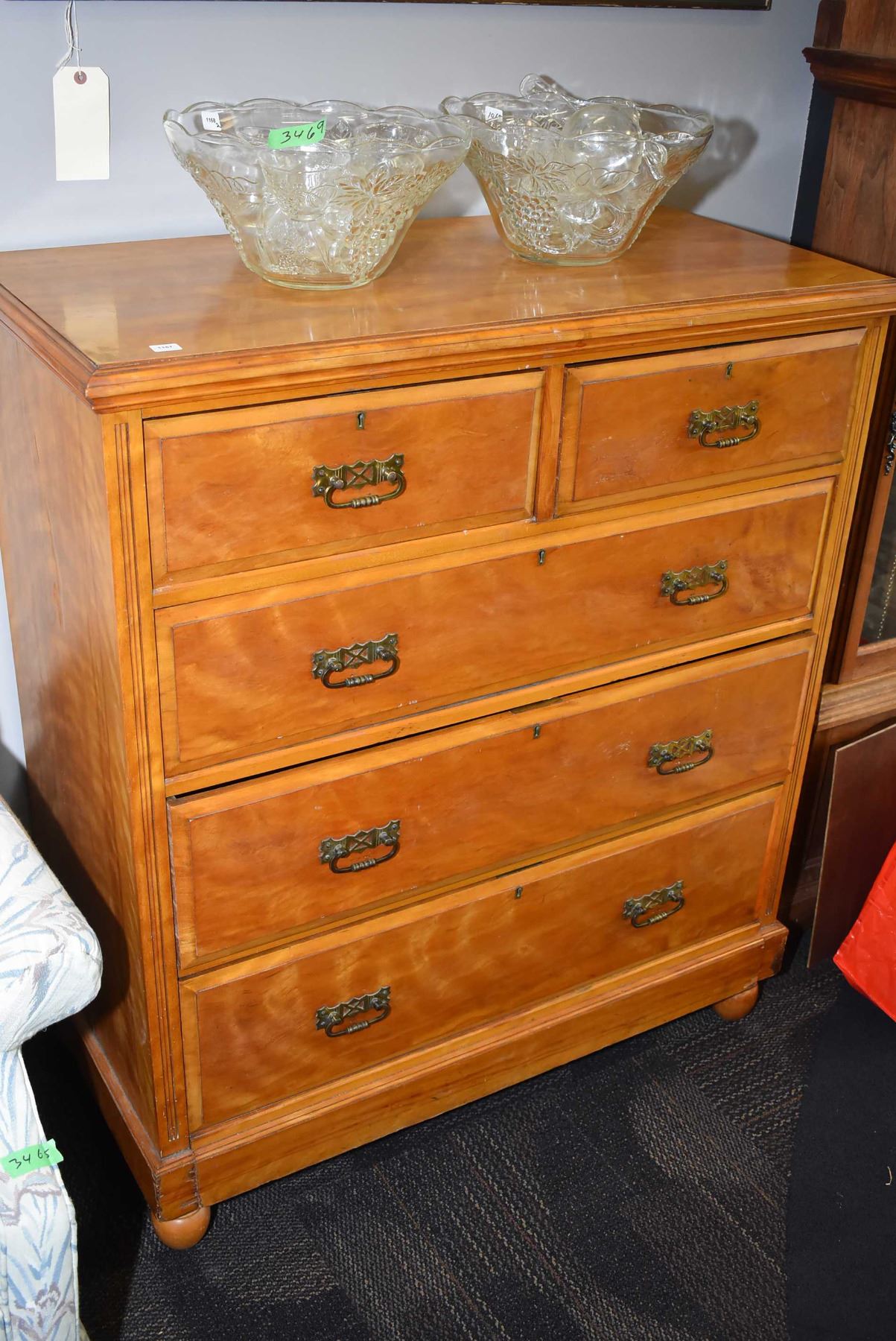 Large antique five drawer bedroom chest, appears to be original pulls Large antique five drawer bedroom chest, appears to be original pulls