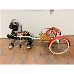 RARE! 1940s VINTAGE HORSE AND BUGGY PEDAL CAR. WOODEN SEAT. PAINTED METAL HORSE.