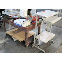 Wooden Rolling Work Table w/ Misc. Supplies & Supply Stand
