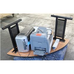 Curved Desk with Printer, Paper Shredder, and Toner
