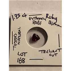 Extremely Rare 1.75 Carat BURMA RUBY Trilliant Cut