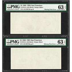 (2) Consecutive 1985 $1 Federal Reserve Notes ERROR Blank Reverse PMG Choice Unc