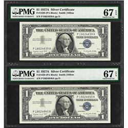 Lot of (2) Consecutive 1957A $1 Silver Certificate Notes PMG Superb Gem Unc. 67E