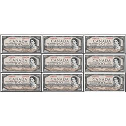 Lot of (9) Consecutive 1954 $100 Bank of Canada Notes