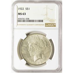 1922 $1 Peace Silver Dollar Coin NGC MS63