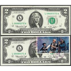 Lot of (2) Consecutive 1976 $2 Federal Reserve Notes First Day Issue with Stamps