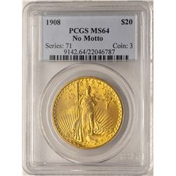 1908 No Motto $20 St. Gaudens Double Eagle Gold Coin PCGS MS64