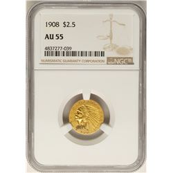 1908 $2 1/2 Indian Head Quarter Eagle Gold Coin AU55