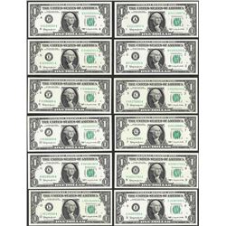 District Set of (12) 1963 $1 Federal Reserve Notes