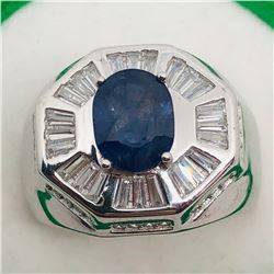 74) STERLING SILVER SAPPHIRE & CZ MEN'S RING