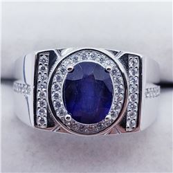 106) STERLING SILVER MEN'S SAPPHIRE & CZ RING