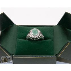 114) STERLING SILVER MEN'S EMERALD & CZ RING