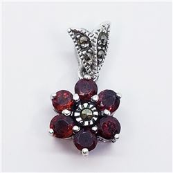144) SILVER GARNET & MARCASITE FLOWER PENDANT