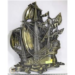 VINTAGE METAL WALL HANGING SAILSHIP W/ SOME DAMAGE