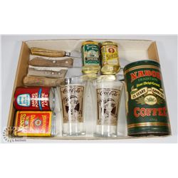 FLAT OF ANTIQUE BONE KNIVES, TINS, COCA COLA