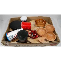 LAZY SUSAN WITH CORKSCREW, BOWLS, CUPS, LIME JUICE