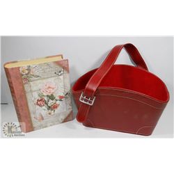 RED LEATHERETTE DECORATIVE BASKET & FAUX BOOK