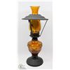 Image 1 : VINTAGE AMBER GLASS OIL LAMP
